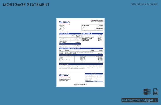 Beispiel eines Hypothekenauszugs der Mizuho Bank (Japan) als Word- und PDF-Datei